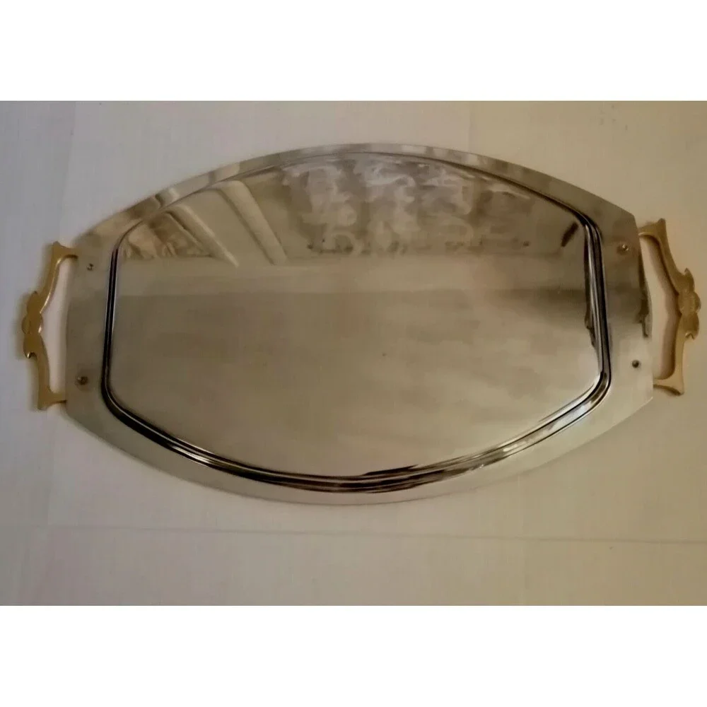 Vintage KROMEX Chrome Serving Tray Brass Handles Mid Century Modern USA Made